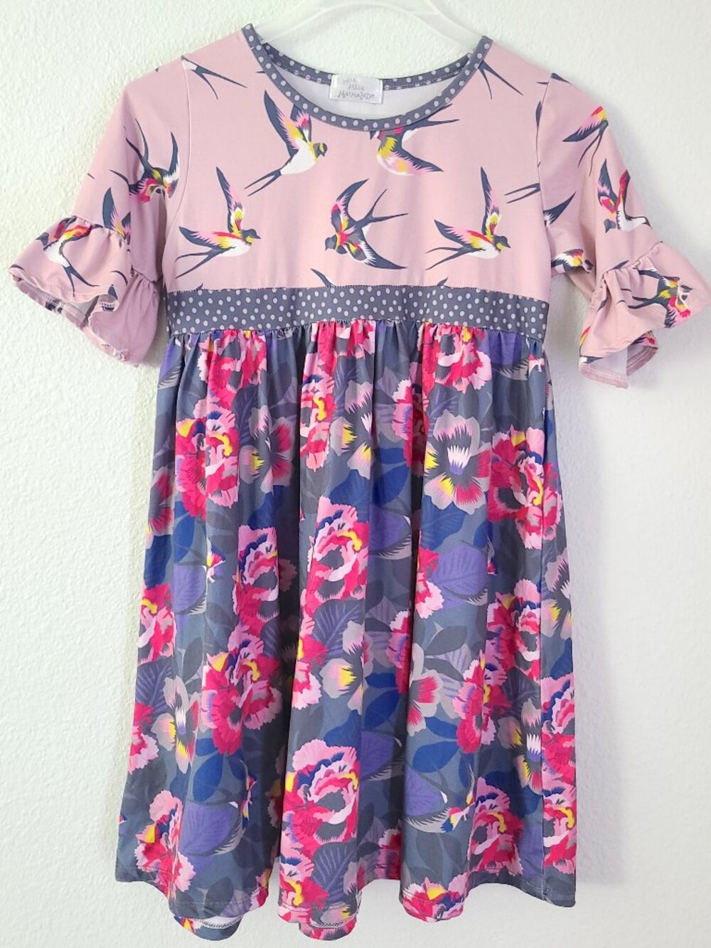 Little Miss Marmalade Girls Floral Bird Dress Pink Gray Size 7 150